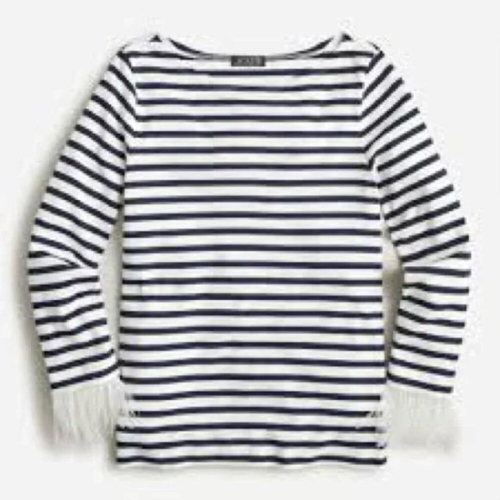 NWT J.Crew Navy and White Stripe Feather-Trim Long-Sleeve Shirt - Size Large